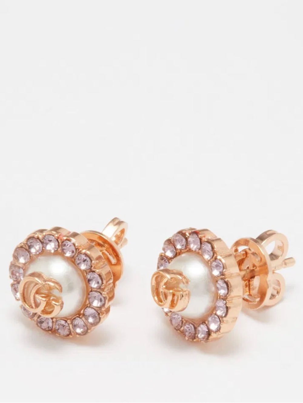 Gucci Rose Gold Pearl & Pink Crystal Double-G Stud Earrings
